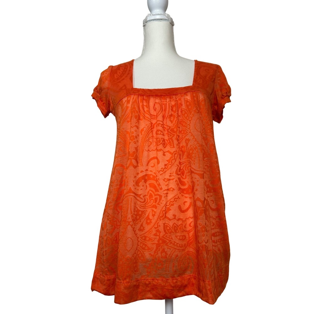 Y2K Babydoll Orange Paisley Square Neck Short Sleeve Top Women's Size Small Boho